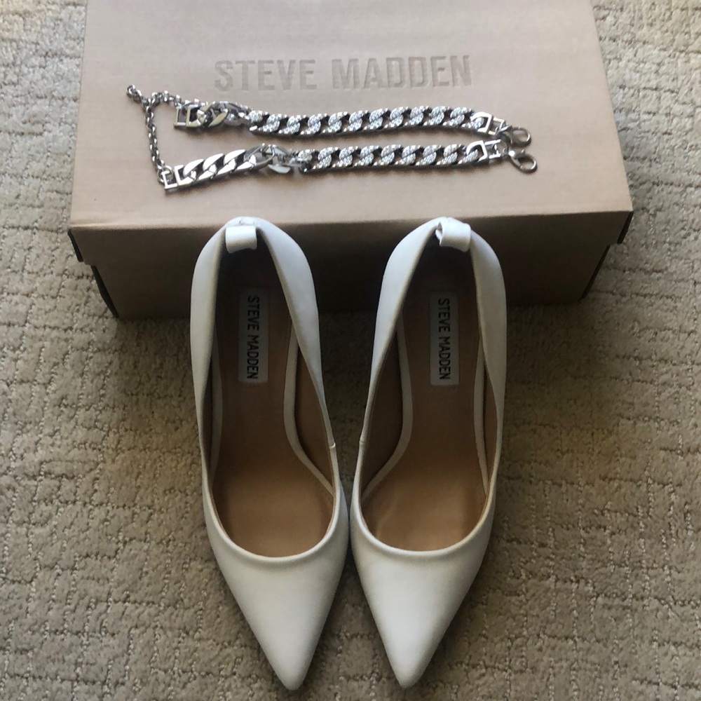 Steve Madden White Pointed Heels with Crystal Silver Ankle Strap